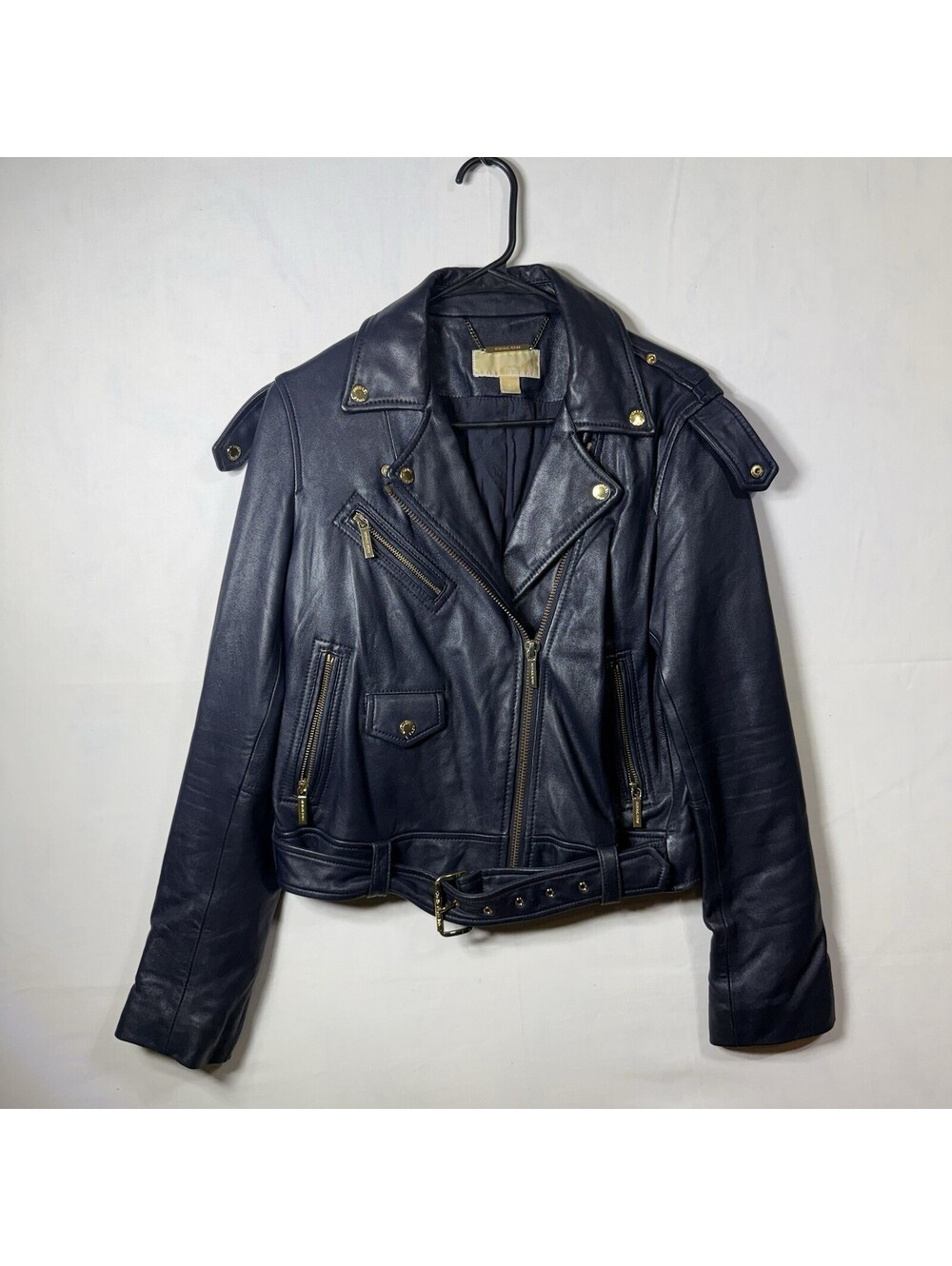 Michael Kors Womens Large Navy Blue Leather Moto Jacket Belted Gold Hardware